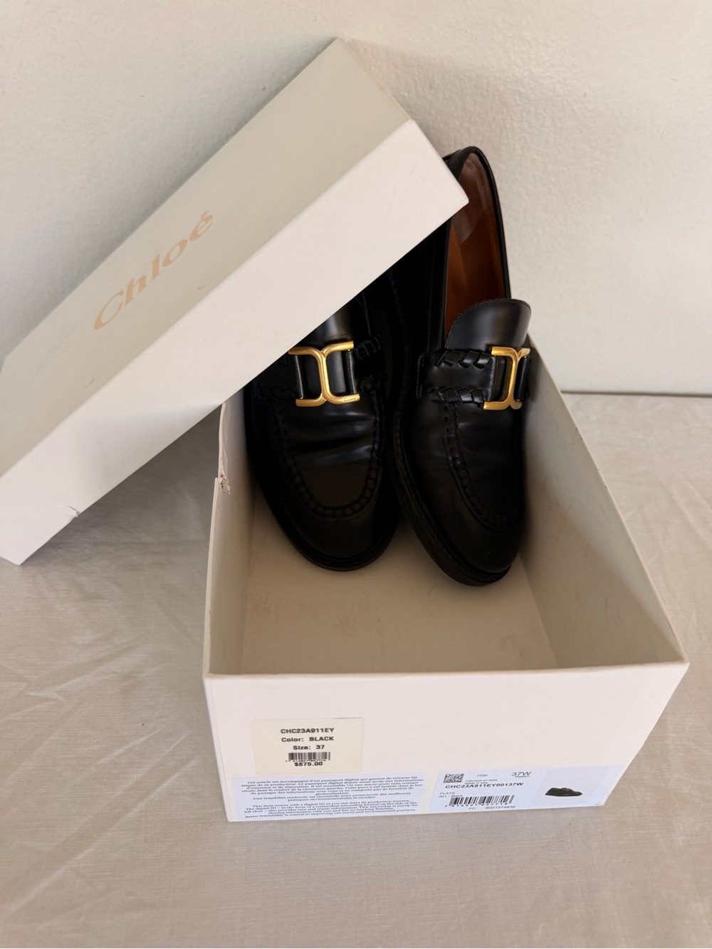 Chloe Black Leather Loafers with Gold Hardware